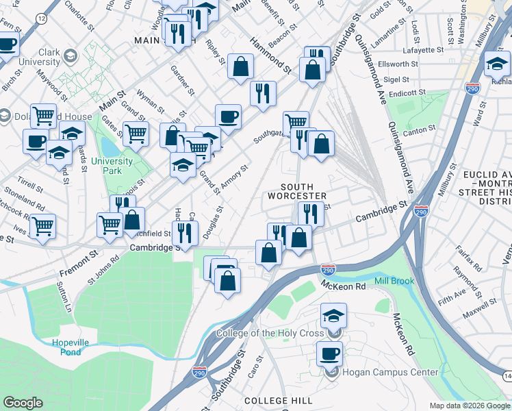map of restaurants, bars, coffee shops, grocery stores, and more near 36 Lewis Street in Worcester