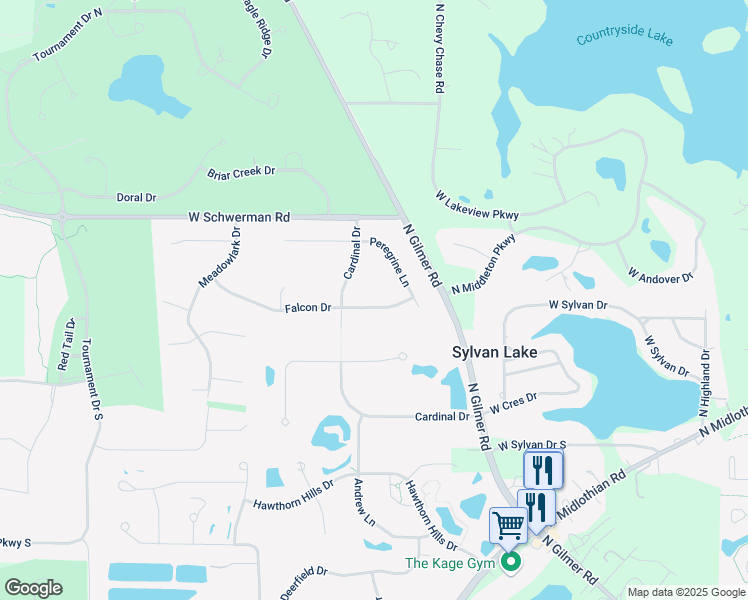 map of restaurants, bars, coffee shops, grocery stores, and more near 61 Falcon Drive in Hawthorn Woods