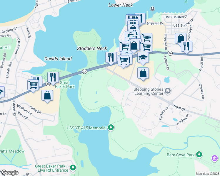 map of restaurants, bars, coffee shops, grocery stores, and more near 350 Beal Street in Hingham