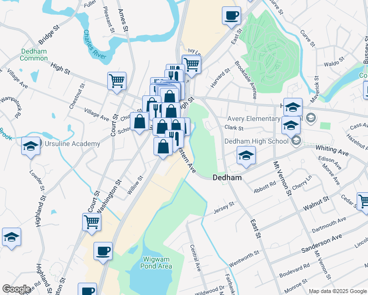 map of restaurants, bars, coffee shops, grocery stores, and more near 500 Boston-Providence Turnpike in Dedham