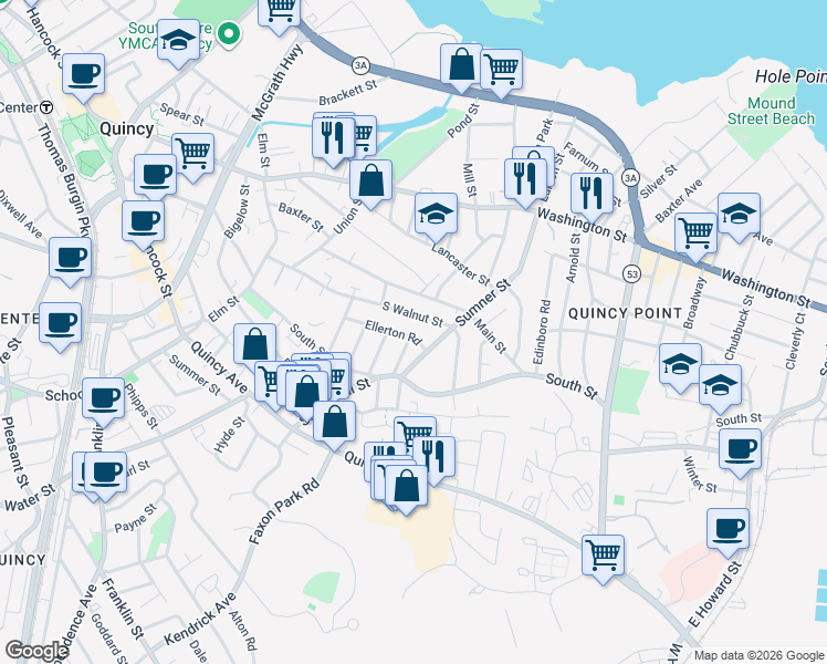 map of restaurants, bars, coffee shops, grocery stores, and more near 148 South Walnut Street in Quincy