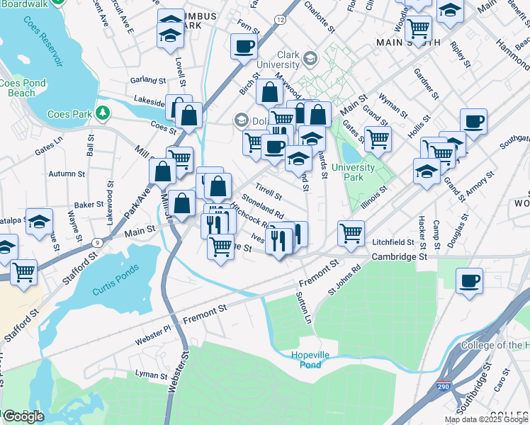 map of restaurants, bars, coffee shops, grocery stores, and more near 13 Stoneland Road in Worcester