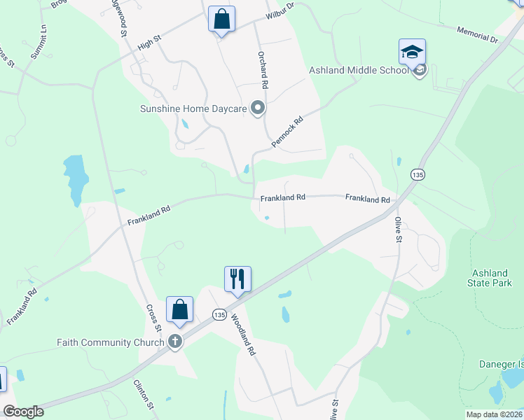 map of restaurants, bars, coffee shops, grocery stores, and more near 82 Frankland Road in Ashland