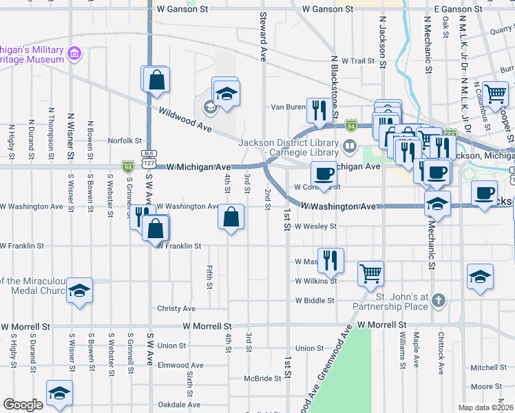 map of restaurants, bars, coffee shops, grocery stores, and more near 213 Third Street in Jackson