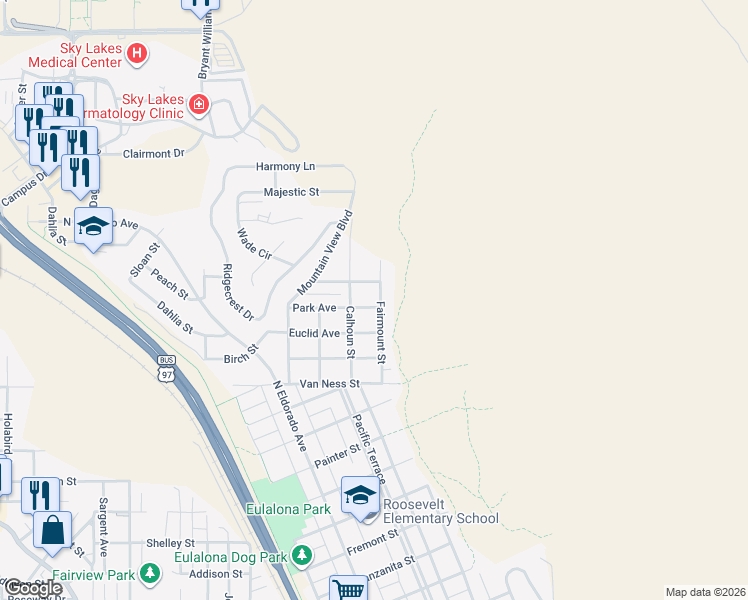 map of restaurants, bars, coffee shops, grocery stores, and more near 2080 Terrace Avenue in Klamath Falls