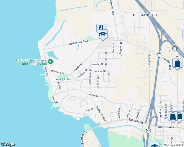 map of restaurants, bars, coffee shops, grocery stores, and more near 619 Pelican Street in Klamath Falls