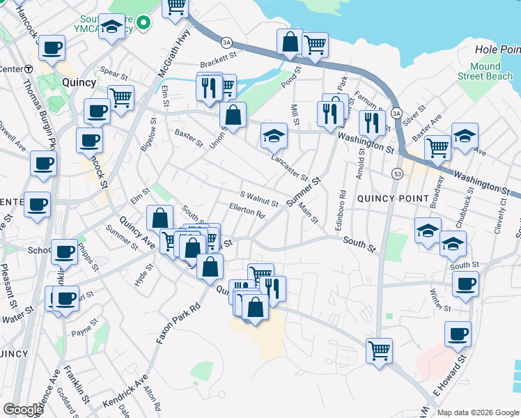map of restaurants, bars, coffee shops, grocery stores, and more near 148 South Walnut Street in Quincy