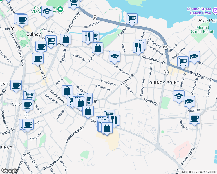 map of restaurants, bars, coffee shops, grocery stores, and more near 115 South Walnut Street in Quincy