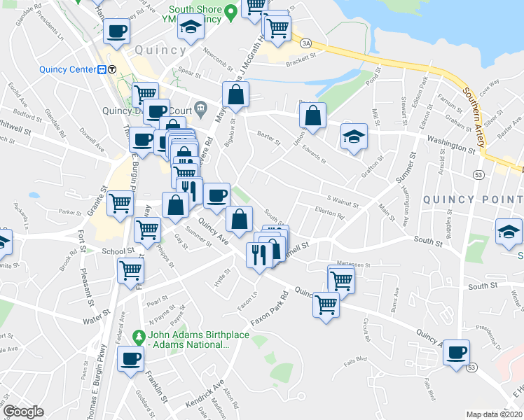 map of restaurants, bars, coffee shops, grocery stores, and more near 33 South Street in Quincy