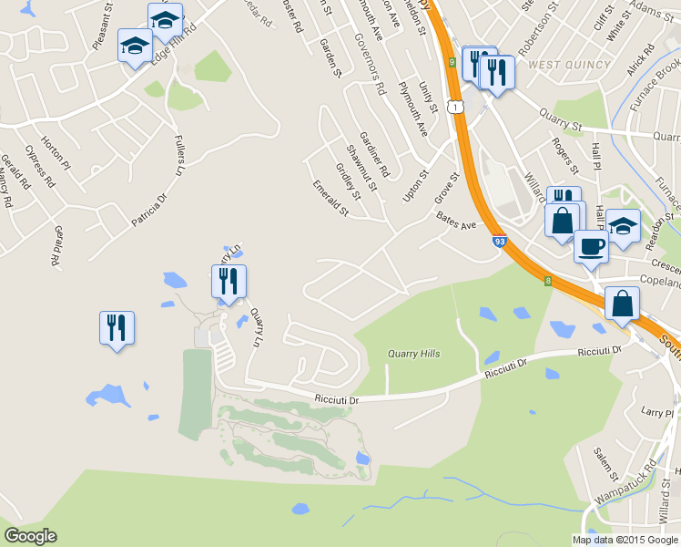 map of restaurants, bars, coffee shops, grocery stores, and more near 69 Forest Avenue in Quincy