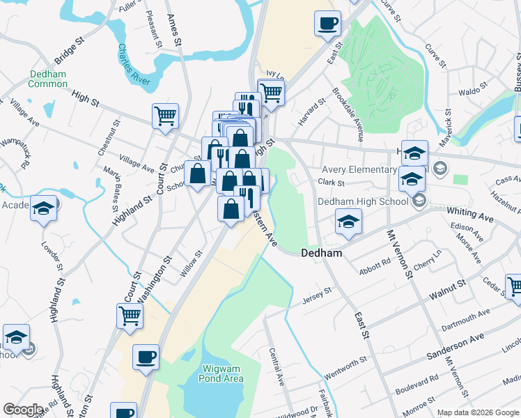 map of restaurants, bars, coffee shops, grocery stores, and more near 500 Boston-Providence Turnpike in Dedham