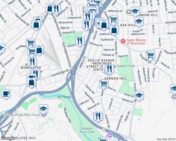map of restaurants, bars, coffee shops, grocery stores, and more near 24 Harlem Street in Worcester