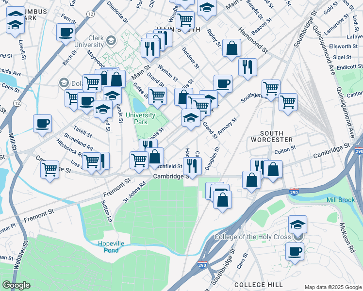 map of restaurants, bars, coffee shops, grocery stores, and more near 157 Canterbury Street in Worcester