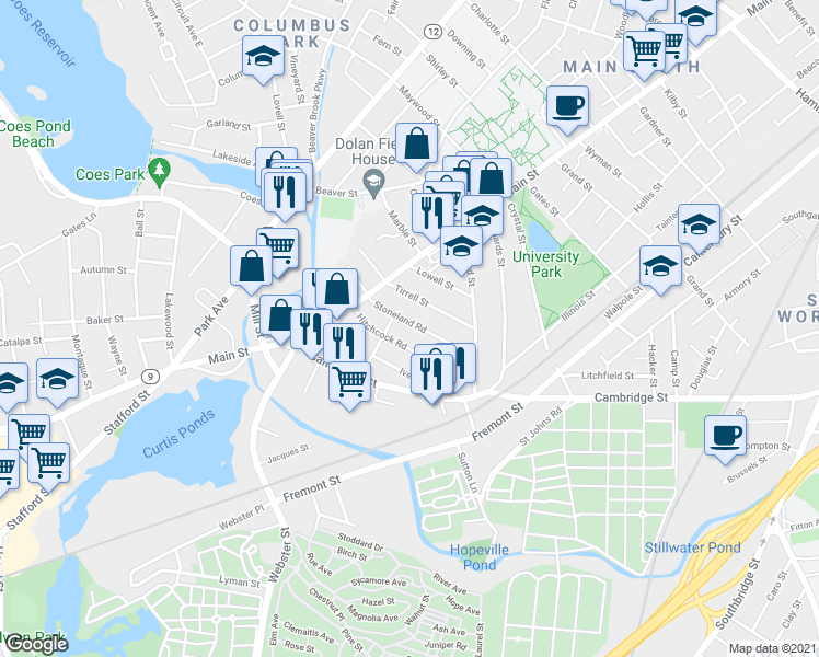 map of restaurants, bars, coffee shops, grocery stores, and more near 13 Stoneland Road in Worcester