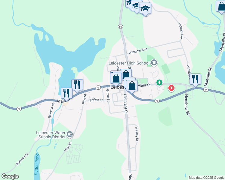 map of restaurants, bars, coffee shops, grocery stores, and more near 1100 Main Street in Leicester