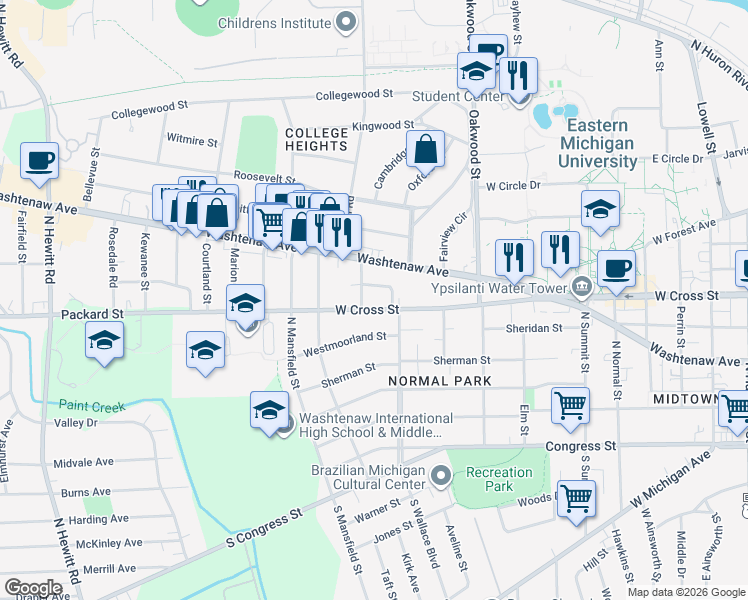 map of restaurants, bars, coffee shops, grocery stores, and more near 1245 Elbridge Street in Ypsilanti