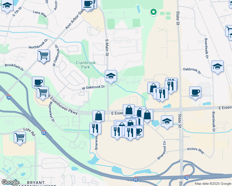 map of restaurants, bars, coffee shops, grocery stores, and more near 100 Oakbrook Drive in Ann Arbor