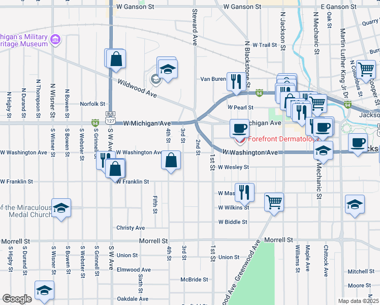 map of restaurants, bars, coffee shops, grocery stores, and more near 213 Third Street in Jackson