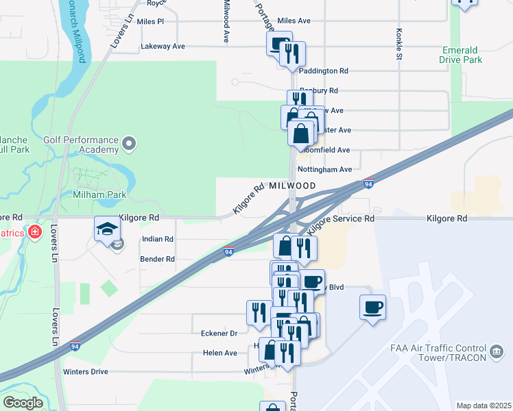 map of restaurants, bars, coffee shops, grocery stores, and more near 3 East Kilgore Road in Portage