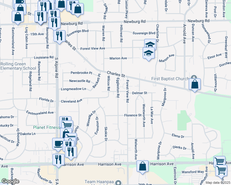 map of restaurants, bars, coffee shops, grocery stores, and more near 2026 Eggleston Road in Rockford