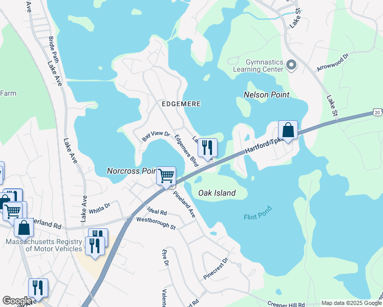 map of restaurants, bars, coffee shops, grocery stores, and more near 23 Lakeside Drive in Shrewsbury