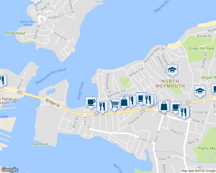 map of restaurants, bars, coffee shops, grocery stores, and more near 29 Weybosset Street in Weymouth