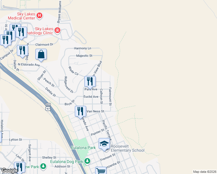 map of restaurants, bars, coffee shops, grocery stores, and more near 2080 Terrace Avenue in Klamath Falls
