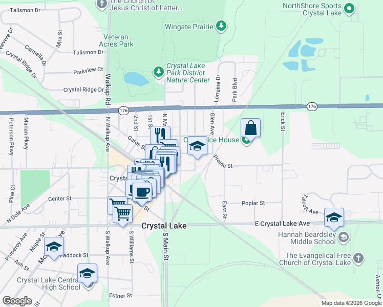 map of restaurants, bars, coffee shops, grocery stores, and more near Prairie Street in Crystal Lake