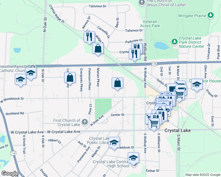 map of restaurants, bars, coffee shops, grocery stores, and more near 128 West Woodstock Street in Crystal Lake