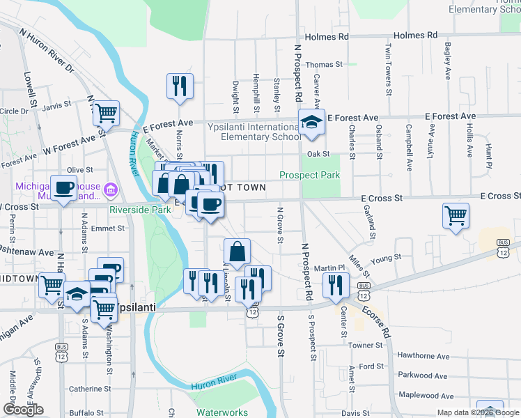 map of restaurants, bars, coffee shops, grocery stores, and more near 310 East Cross Street in Ypsilanti