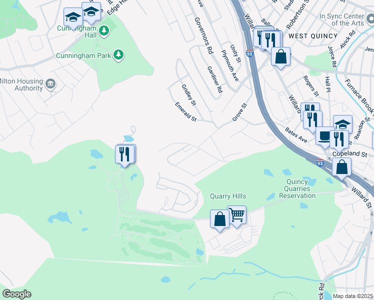 map of restaurants, bars, coffee shops, grocery stores, and more near 69 Forest Avenue in Quincy