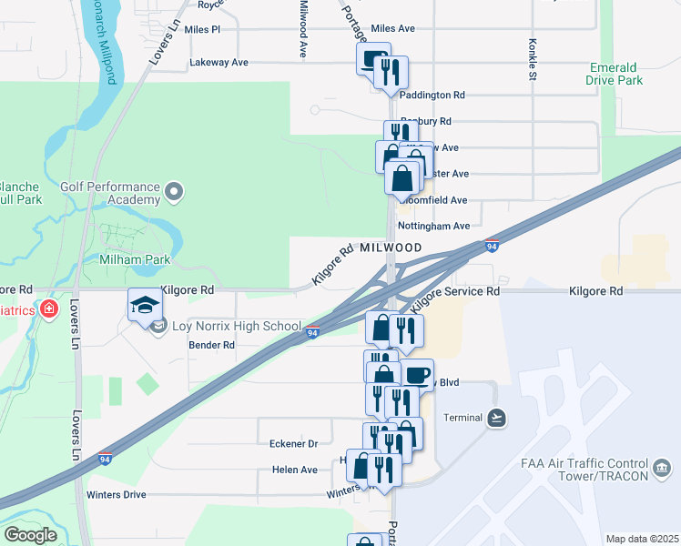 map of restaurants, bars, coffee shops, grocery stores, and more near 1500 East Kilgore Road in Portage