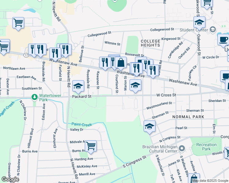 map of restaurants, bars, coffee shops, grocery stores, and more near 409 Courtland Street in Ypsilanti