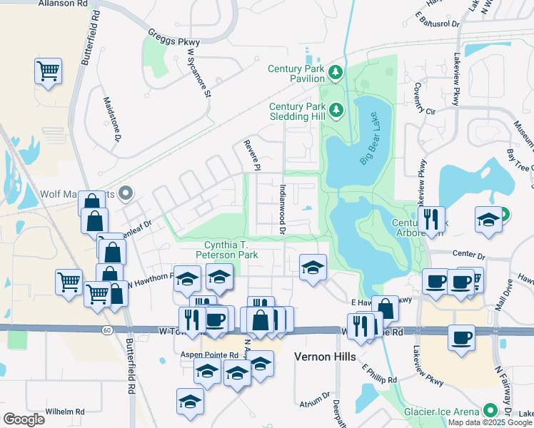 map of restaurants, bars, coffee shops, grocery stores, and more near 1032 Stockton Court in Vernon Hills
