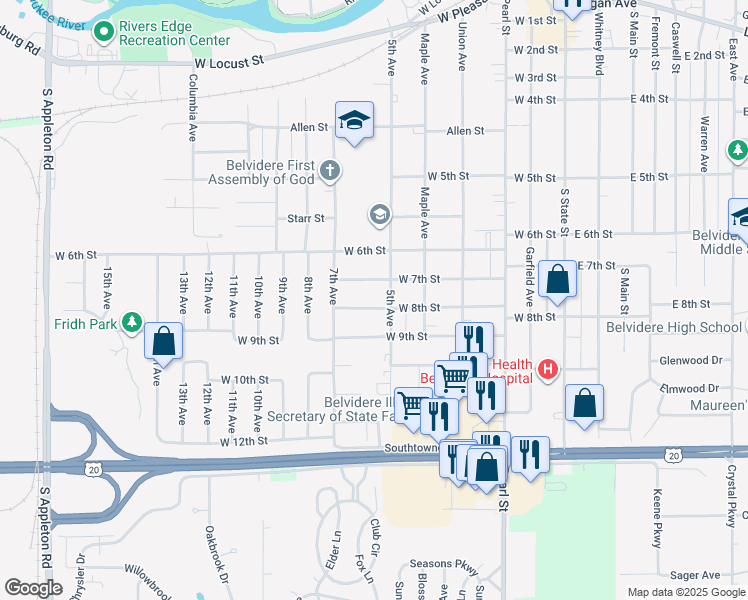 map of restaurants, bars, coffee shops, grocery stores, and more near 626 West 7th Street in Belvidere