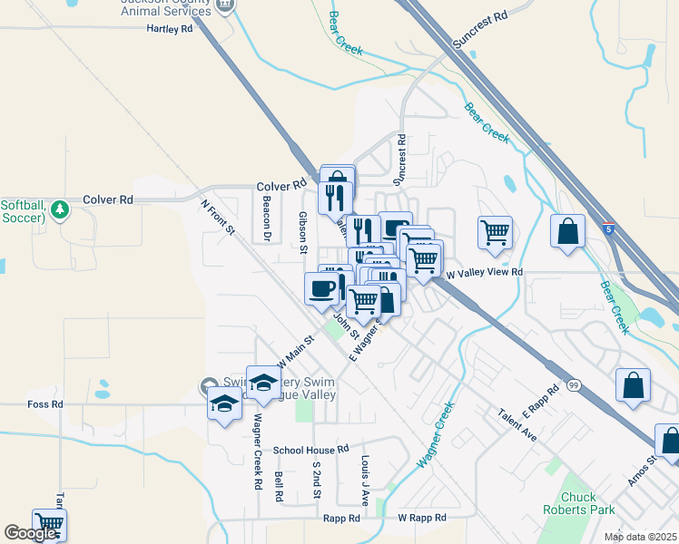 map of restaurants, bars, coffee shops, grocery stores, and more near in Talent