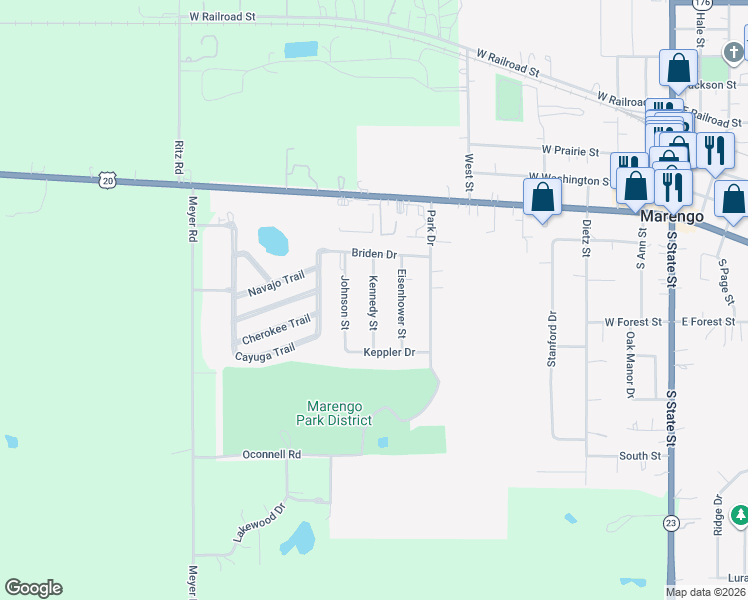map of restaurants, bars, coffee shops, grocery stores, and more near 500 Kennedy Street in Marengo