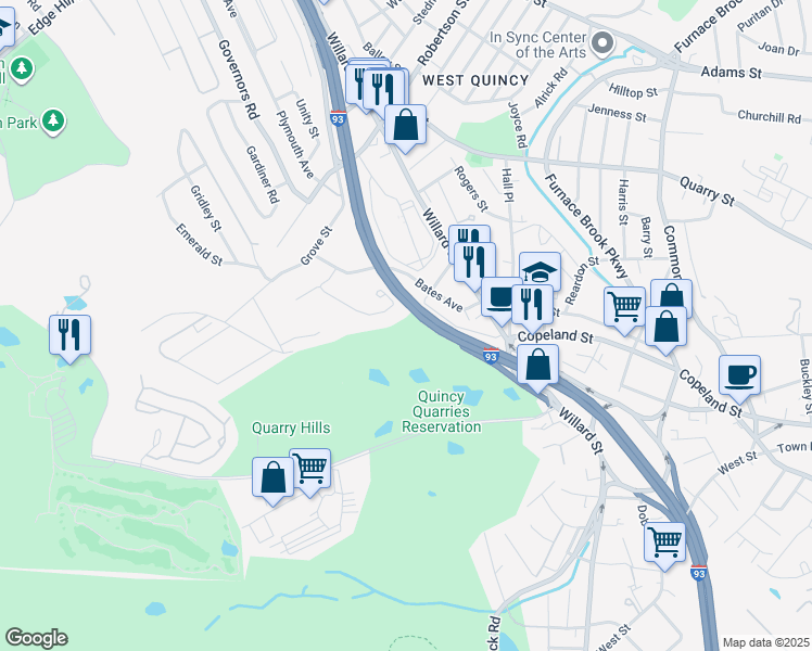 map of restaurants, bars, coffee shops, grocery stores, and more near 83 Mullin Avenue in Quincy