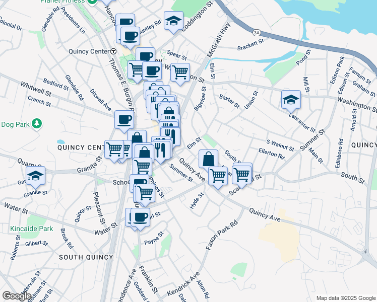 map of restaurants, bars, coffee shops, grocery stores, and more near 1630-1642 Hancock Street in Quincy