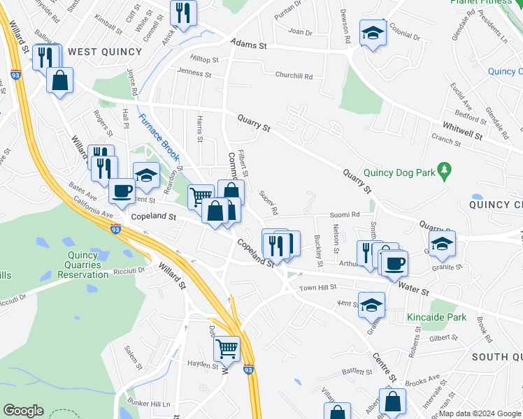 map of restaurants, bars, coffee shops, grocery stores, and more near 8 Tinson Road in Quincy