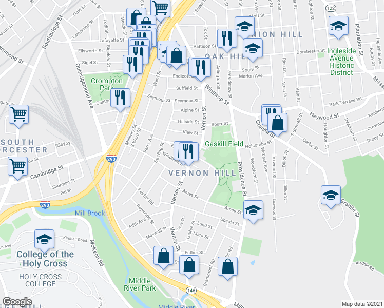 map of restaurants, bars, coffee shops, grocery stores, and more near 5 Montrose Street in Worcester