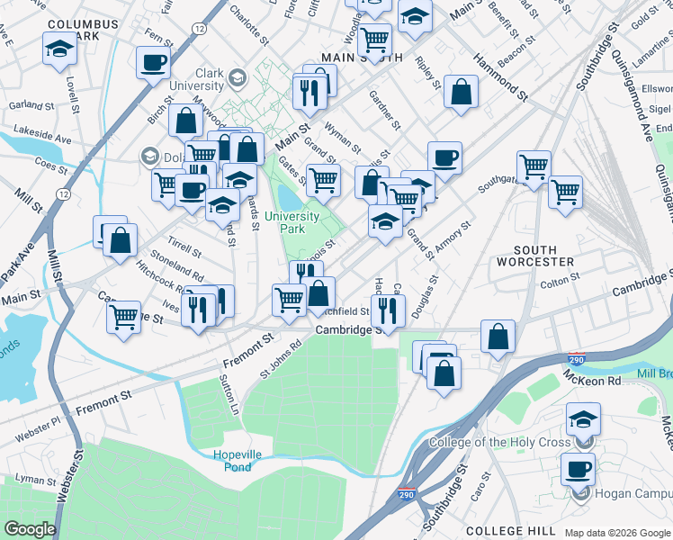map of restaurants, bars, coffee shops, grocery stores, and more near 55 Illinois Street in Worcester