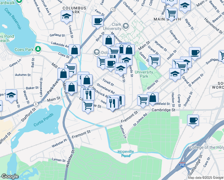 map of restaurants, bars, coffee shops, grocery stores, and more near 32 Tirrell Street in Worcester