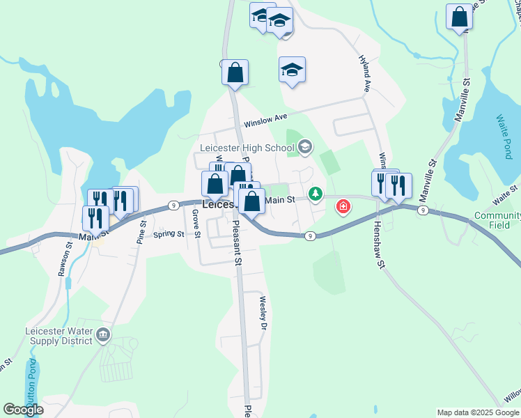 map of restaurants, bars, coffee shops, grocery stores, and more near 1083 Pleasant Street in Leicester