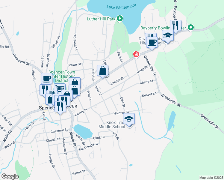 map of restaurants, bars, coffee shops, grocery stores, and more near 15 Irving Street in Spencer