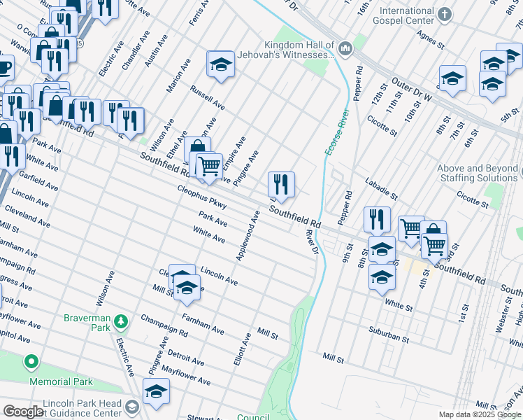 map of restaurants, bars, coffee shops, grocery stores, and more near 585 Southfield Road in Lincoln Park