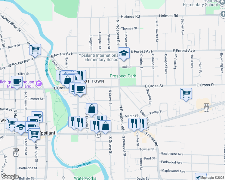 map of restaurants, bars, coffee shops, grocery stores, and more near 402 East Cross Street in Ypsilanti