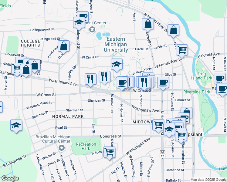 map of restaurants, bars, coffee shops, grocery stores, and more near North Summit Street in Ypsilanti