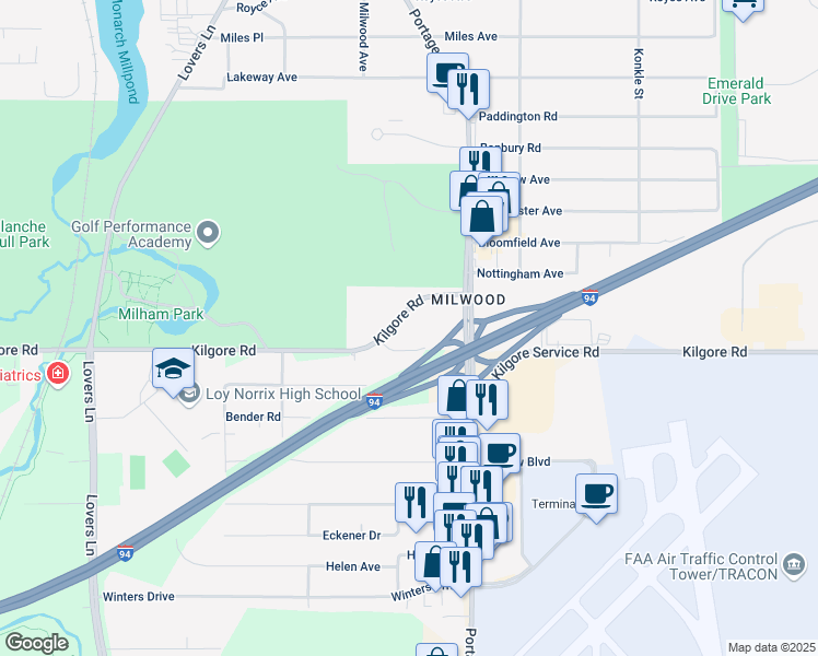 map of restaurants, bars, coffee shops, grocery stores, and more near 3 East Kilgore Road in Portage