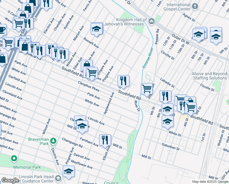 map of restaurants, bars, coffee shops, grocery stores, and more near 585 Southfield Road in Lincoln Park